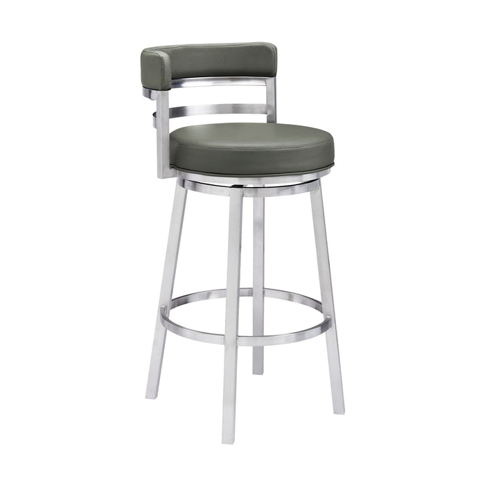 Madrid 30" Bar Height Swivel Gray Faux Leather and Brushed Stainless Steel Bar Stool