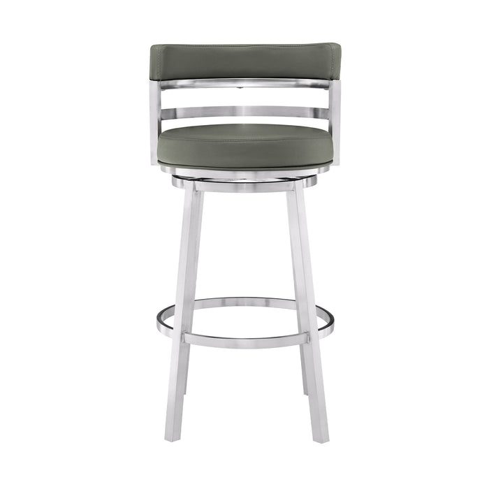 Madrid 30" Bar Height Swivel Gray Faux Leather and Brushed Stainless Steel Bar Stool