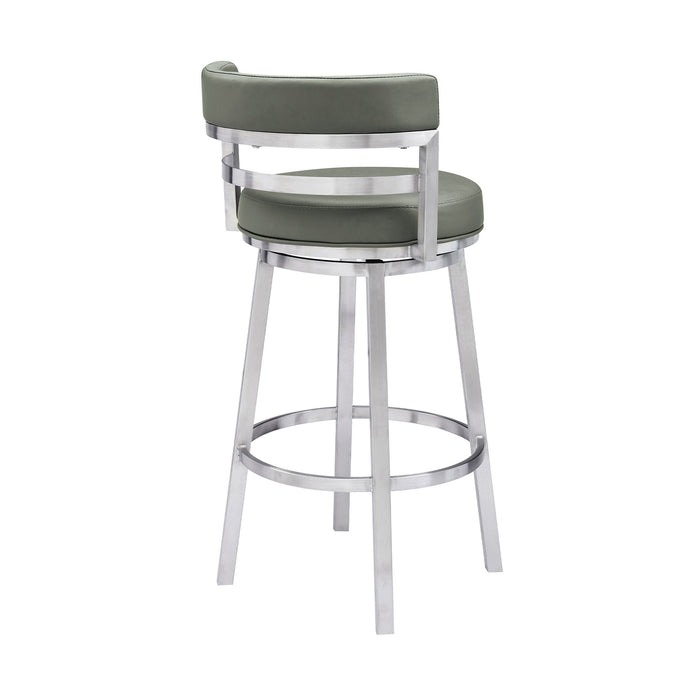 Madrid 30" Bar Height Swivel Gray Faux Leather and Brushed Stainless Steel Bar Stool
