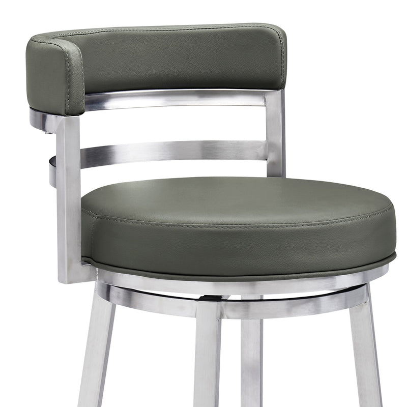 Madrid 30" Bar Height Swivel Gray Faux Leather and Brushed Stainless Steel Bar Stool - Furniture City (CA)l