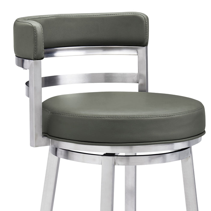 Madrid 30" Bar Height Swivel Gray Faux Leather and Brushed Stainless Steel Bar Stool