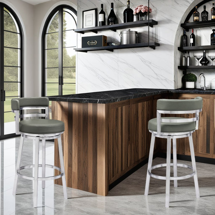 Madrid 30" Bar Height Swivel Gray Faux Leather and Brushed Stainless Steel Bar Stool