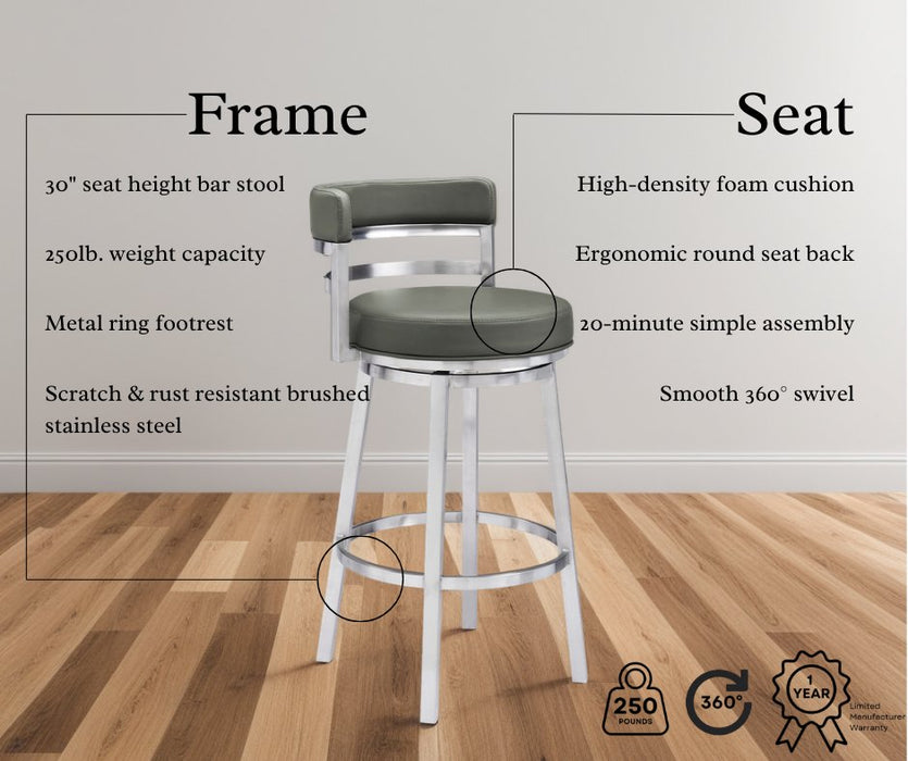 Madrid 30" Bar Height Swivel Gray Faux Leather and Brushed Stainless Steel Bar Stool