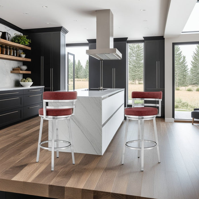 Madrid 26" Counter Height Swivel Red Faux Leather and Brushed Stainless Steel Bar Stool