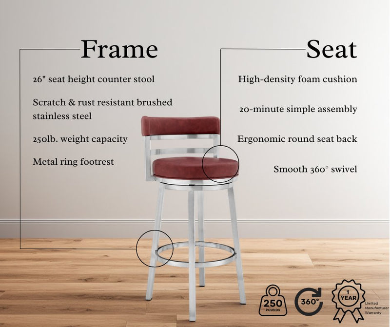 Madrid 26" Counter Height Swivel Red Faux Leather and Brushed Stainless Steel Bar Stool - Furniture City (CA)l