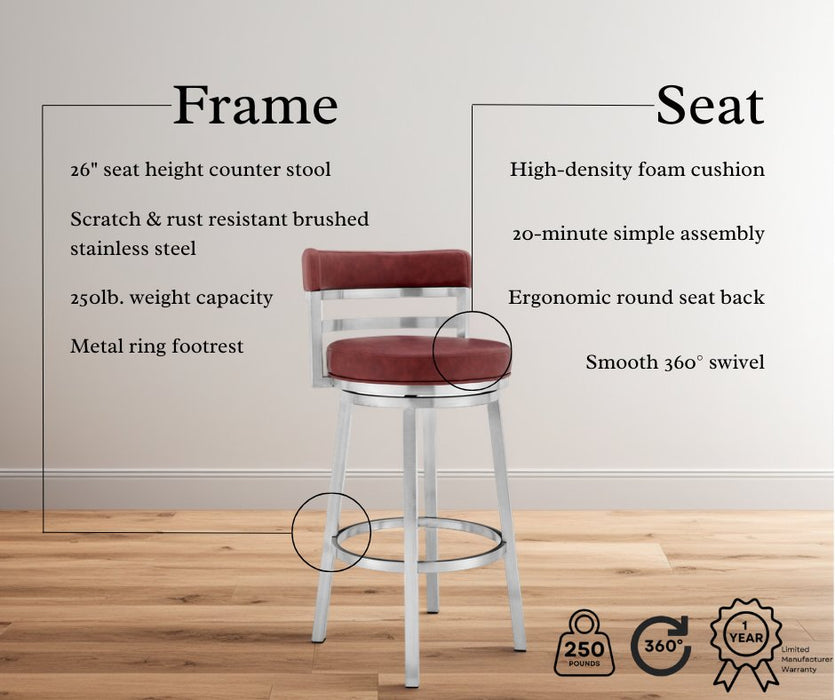 Madrid 26" Counter Height Swivel Red Faux Leather and Brushed Stainless Steel Bar Stool