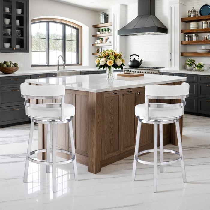 Madrid 26" Counter Height Swivel White Faux Leather and Brushed Stainless Steel Bar Stool