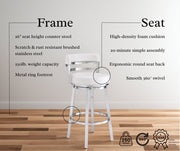 Madrid 26" Counter Height Swivel White Faux Leather and Brushed Stainless Steel Bar Stool - Furniture City (CA)l