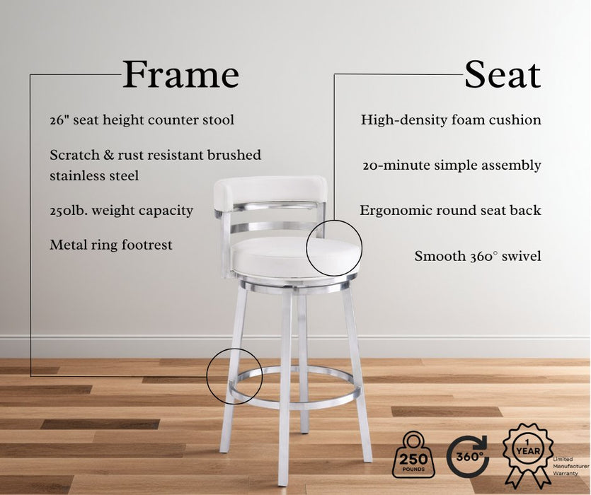 Madrid 26" Counter Height Swivel White Faux Leather and Brushed Stainless Steel Bar Stool