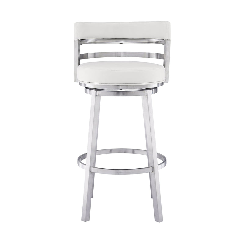 Madrid 30" Bar Height Swivel White Faux Leather and Brushed Stainless Steel Bar Stool - Furniture City (CA)l