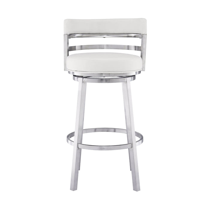 Madrid 30" Bar Height Swivel White Faux Leather and Brushed Stainless Steel Bar Stool