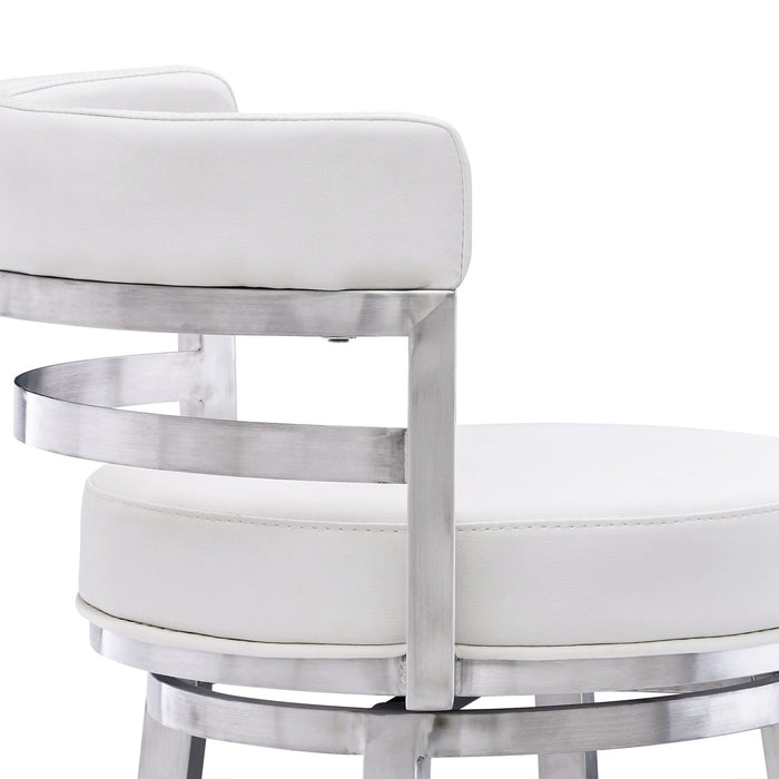 Madrid 30" Bar Height Swivel White Faux Leather and Brushed Stainless Steel Bar Stool