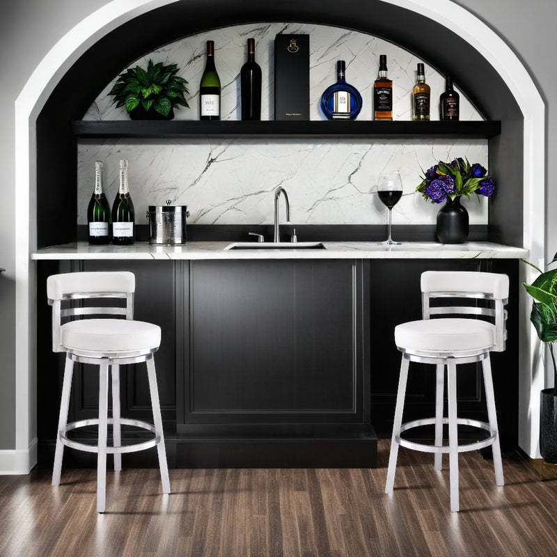 Madrid 30" Bar Height Swivel White Faux Leather and Brushed Stainless Steel Bar Stool - Furniture City (CA)l