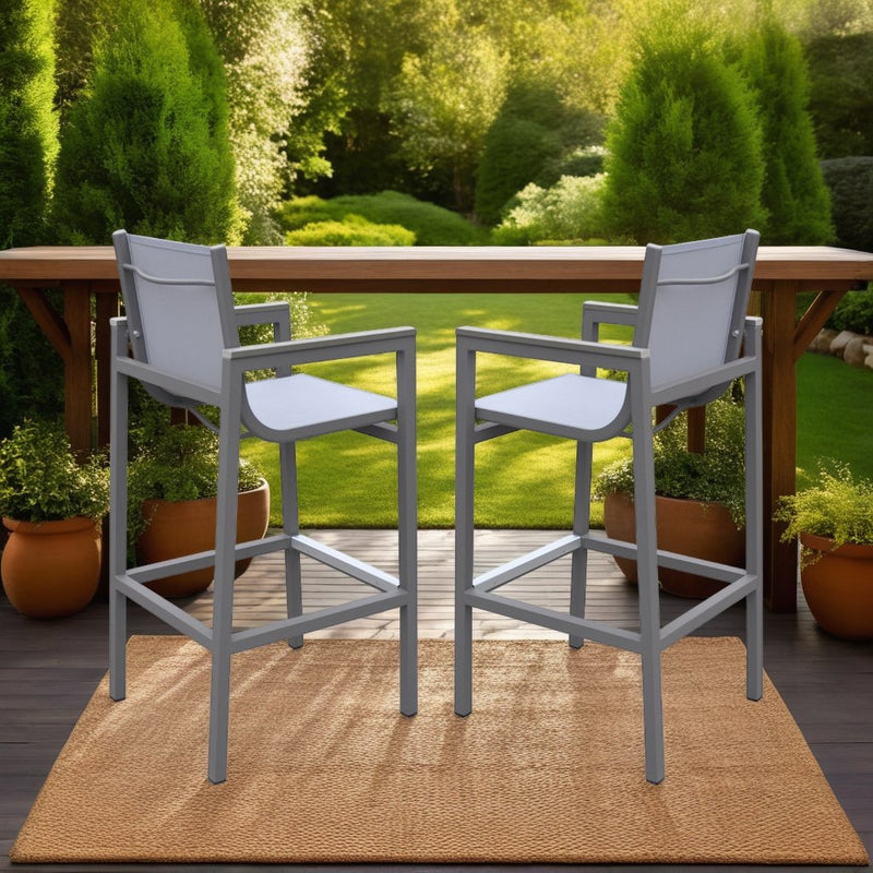 Marina Outdoor Patio Barstool in Gray Powder Coated Finish with Gray Sling Textilene and Gray Wood Accent Arms - Furniture City (CA)l