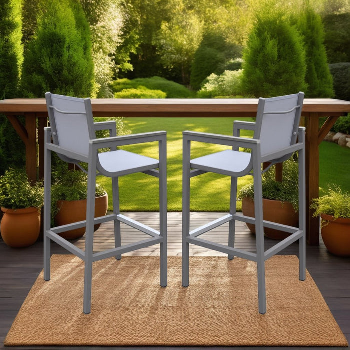 Marina Outdoor Patio Barstool in Gray Powder Coated Finish with Gray Sling Textilene and Gray Wood Accent Arms