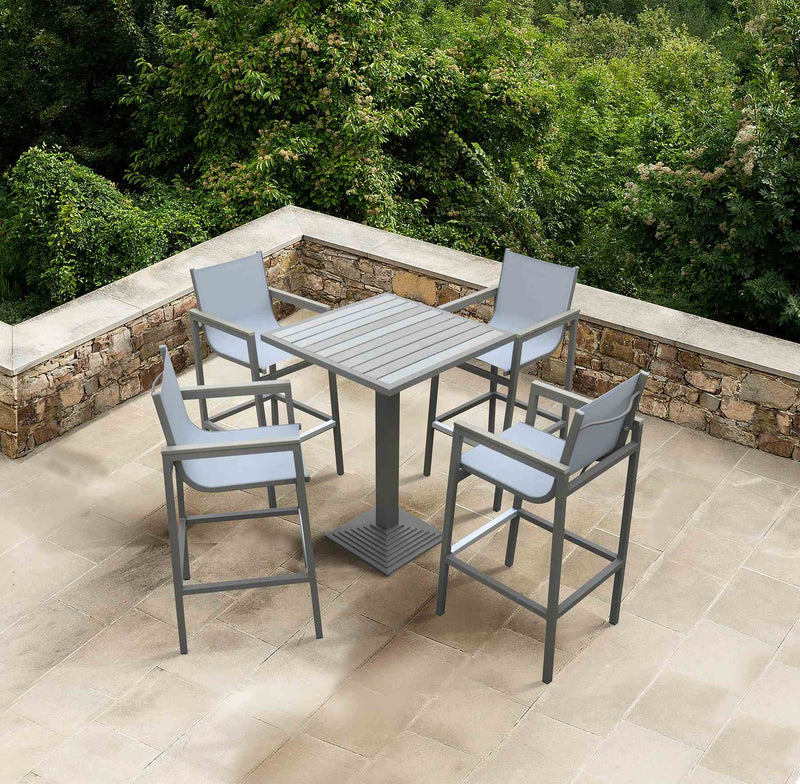 Marina Outdoor Patio Barstool in Gray Powder Coated Finish with Gray Sling Textilene and Gray Wood Accent Arms - Furniture City (CA)l