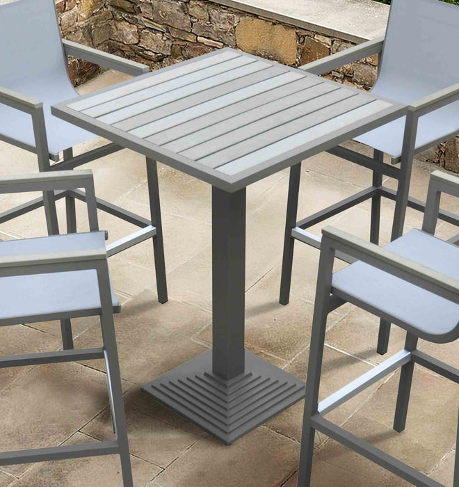 Marina Outdoor Gray Patio Bar Table in Gray Powder Coated Finish and Gray Wood Top