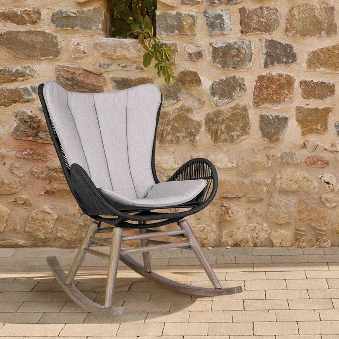 Mateo Outdoor Patio Rocking chair in Light Eucalyptus Wood and Charcoal Rope