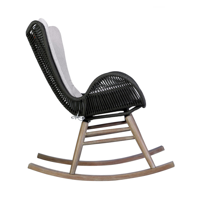 Mateo Outdoor Patio Rocking chair in Light Eucalyptus Wood and Charcoal Rope