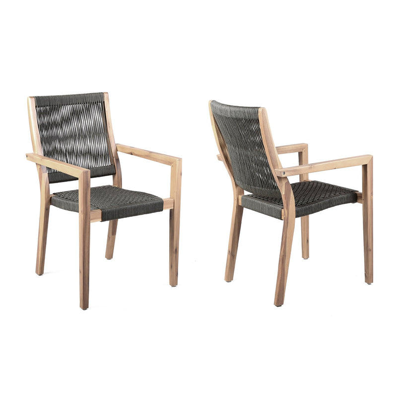 Madsen Outdoor Eucalyptus Wood and Charcoal Rope Dining Chairs with Gray Teak Finish - Set of 2 - Furniture City (CA)l