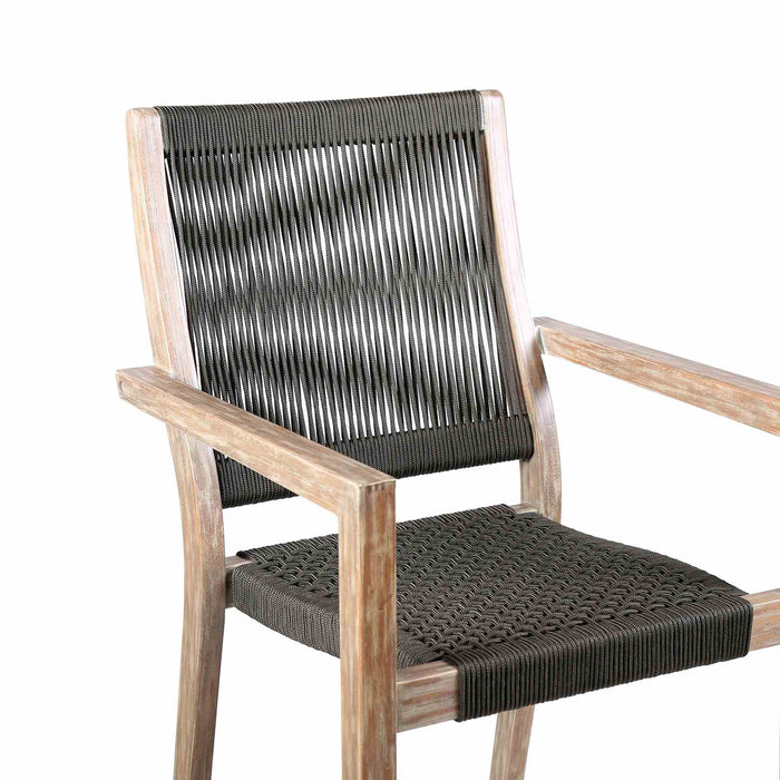 Madsen Outdoor Eucalyptus Wood and Charcoal Rope Dining Chairs with Gray Teak Finish - Set of 2