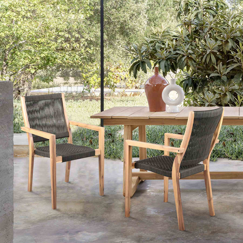 Madsen Outdoor Eucalyptus Wood and Charcoal Rope Dining Chairs with Teak Finish - Set of 2 - Furniture City (CA)l