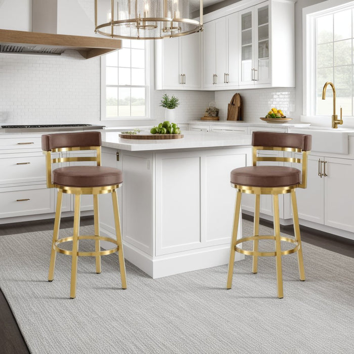 Madrid 26" Swivel Counter Stool in Gold Brushed Stainless Steel with Vintage Coffee Faux Leather