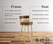 Madrid 26" Swivel Counter Stool in Gold Brushed Stainless Steel with Vintage Coffee Faux Leather - Furniture City (CA)l
