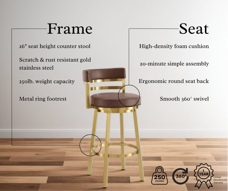 Madrid 26" Swivel Counter Stool in Gold Brushed Stainless Steel with Vintage Coffee Faux Leather - Furniture City (CA)l
