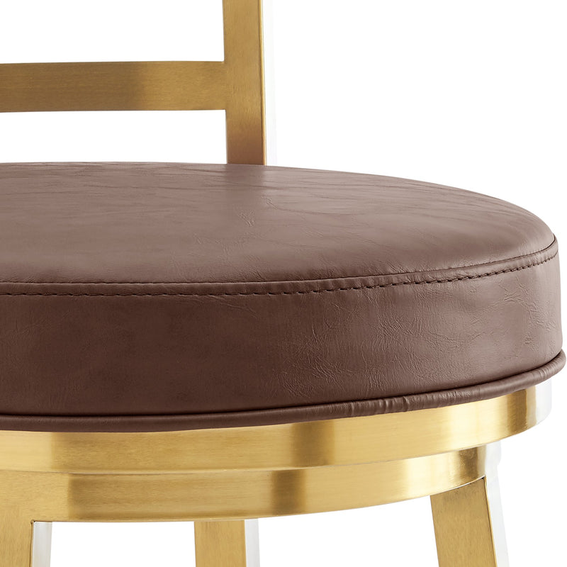 Madrid 26" Swivel Counter Stool in Gold Brushed Stainless Steel with Vintage Coffee Faux Leather - Furniture City (CA)l