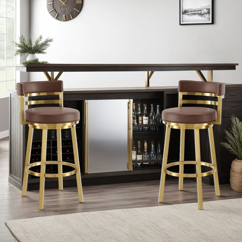 Madrid 30" Swivel Bar Stool in Gold Brushed Stainless Steel with Vintage Coffee Faux Leather - Furniture City (CA)l