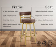 Madrid 30" Swivel Bar Stool in Gold Brushed Stainless Steel with Vintage Coffee Faux Leather - Furniture City (CA)l