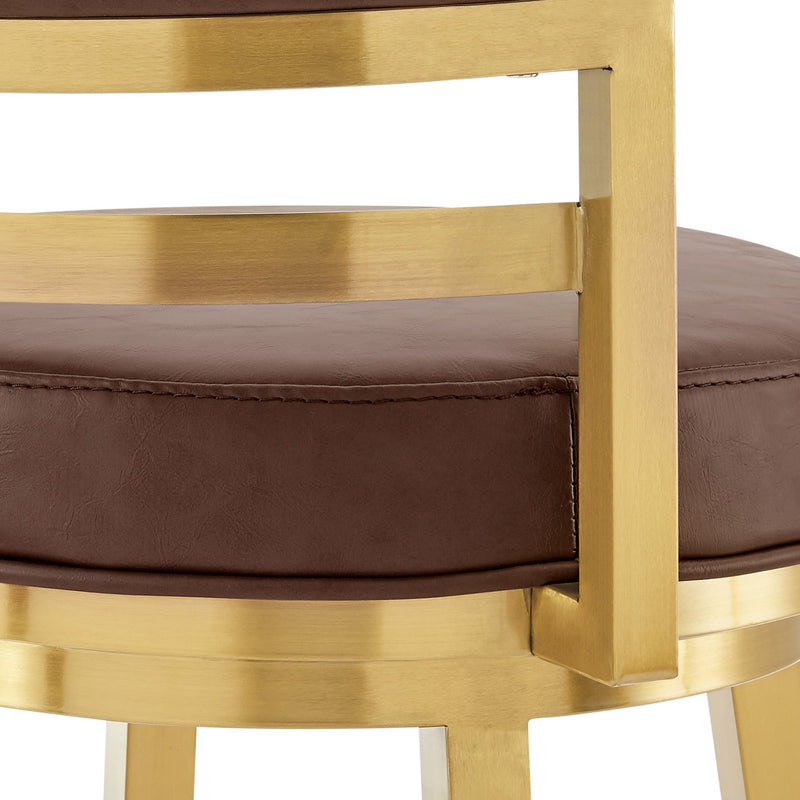 Madrid 30" Swivel Bar Stool in Gold Brushed Stainless Steel with Vintage Coffee Faux Leather - Furniture City (CA)l