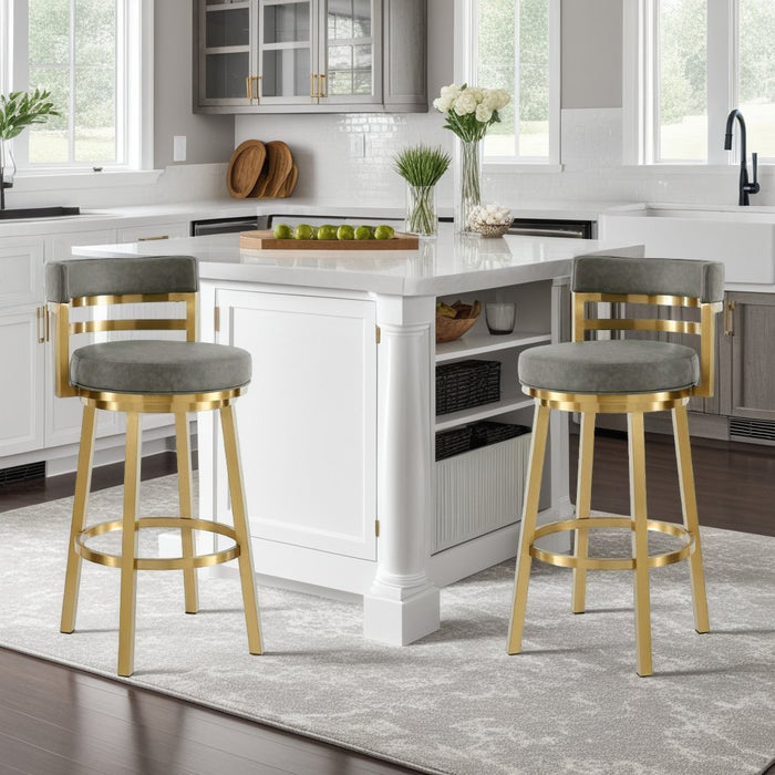 Madrid 26" Swivel Counter Stool with Gold Brushed Stainless Steel and Vintage Gray Faux Leather