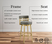Madrid 26" Swivel Counter Stool with Gold Brushed Stainless Steel and Vintage Gray Faux Leather - Furniture City (CA)l