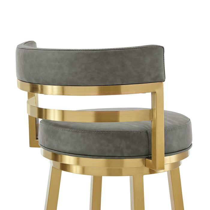 Madrid 26" Swivel Counter Stool with Gold Brushed Stainless Steel and Vintage Gray Faux Leather