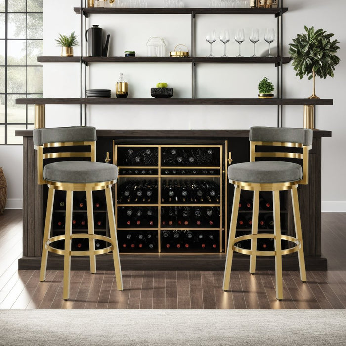 Madrid 30" Swivel Counter Stool with Gold Brushed Stainless Steel and Vintage Gray Faux Leather