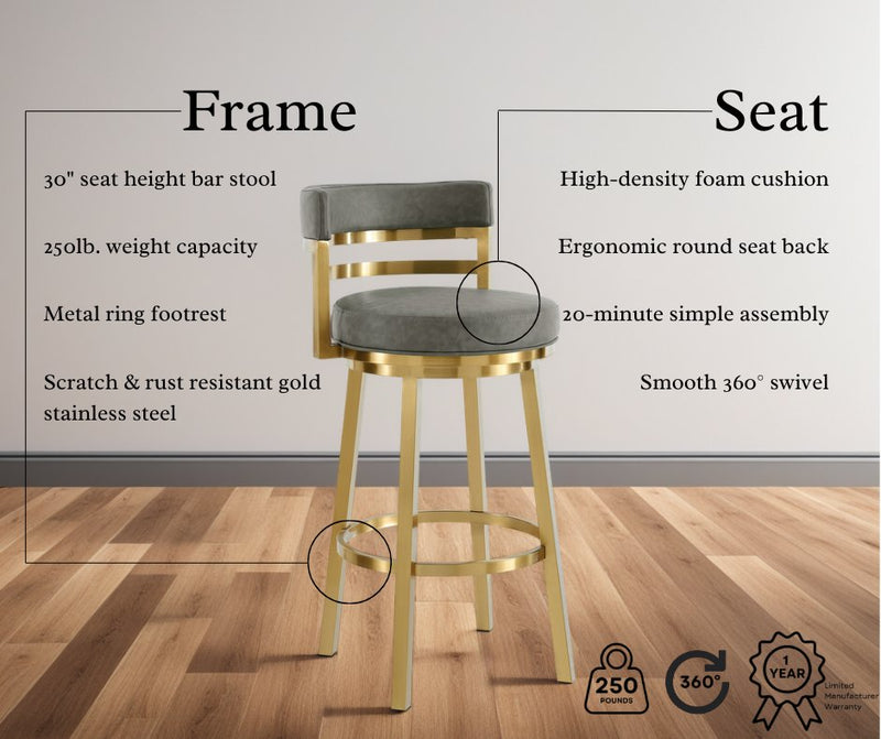Madrid 30" Swivel Counter Stool with Gold Brushed Stainless Steel and Vintage Gray Faux Leather - Furniture City (CA)l