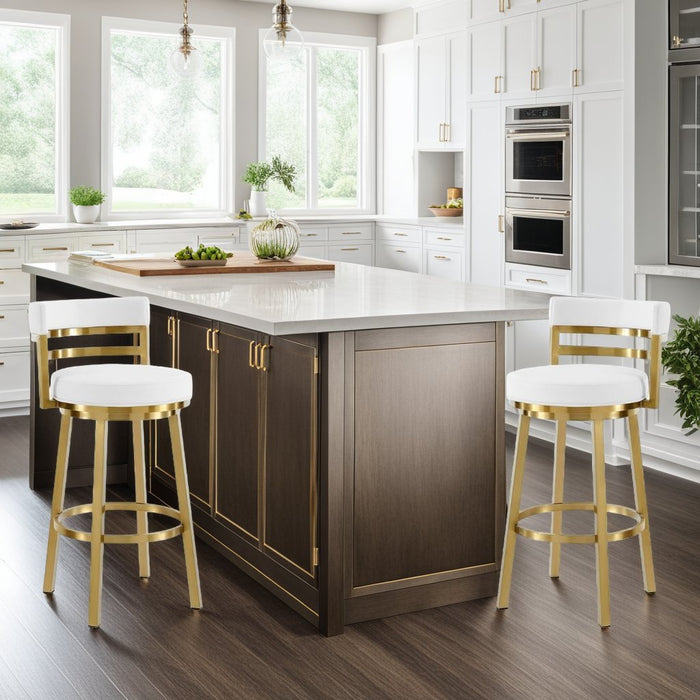 Madrid 26" Swivel Counter Stool in Gold Brushed Stainless Steel with White Faux Leather