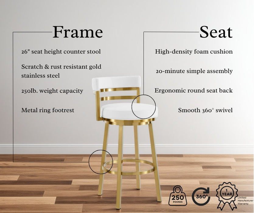 Madrid 26" Swivel Counter Stool in Gold Brushed Stainless Steel with White Faux Leather