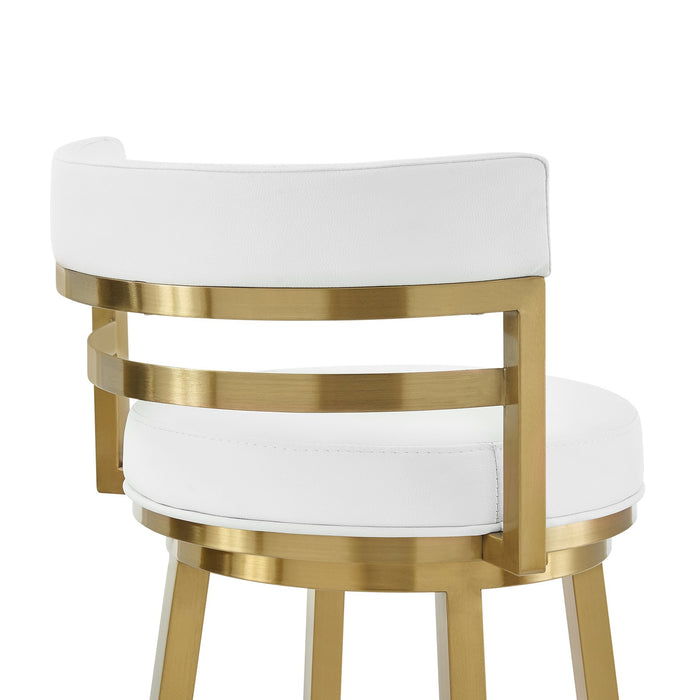 Madrid 26" Swivel Counter Stool in Gold Brushed Stainless Steel with White Faux Leather