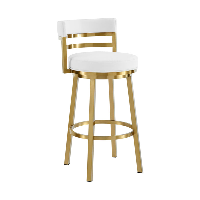 Madrid 30" Swivel Bar Stool in Gold Brushed Stainless Steel with White Faux Leather - Furniture City (CA)l