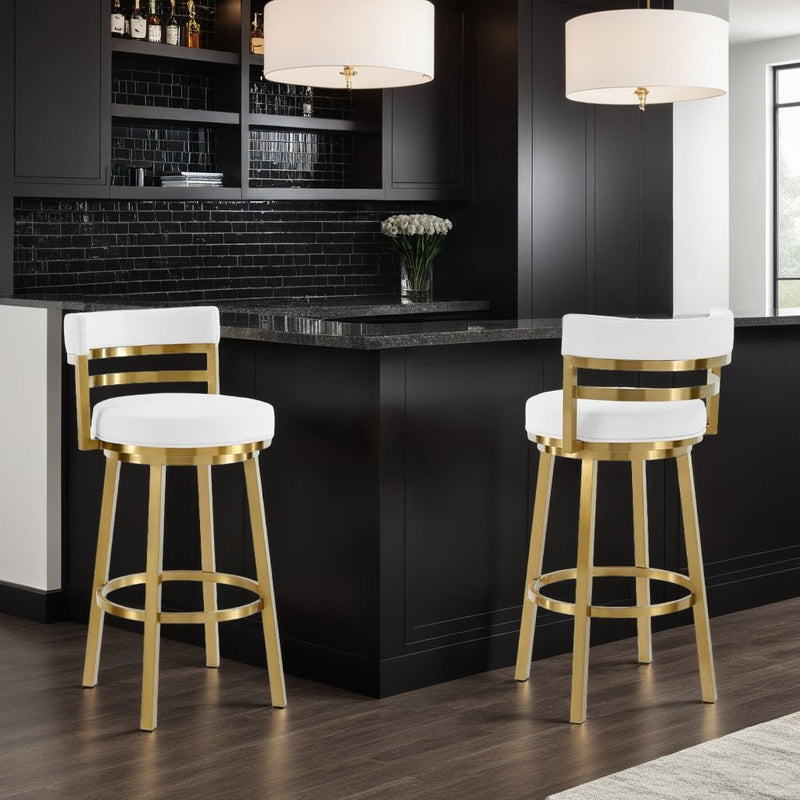 Madrid 30" Swivel Bar Stool in Gold Brushed Stainless Steel with White Faux Leather - Furniture City (CA)l