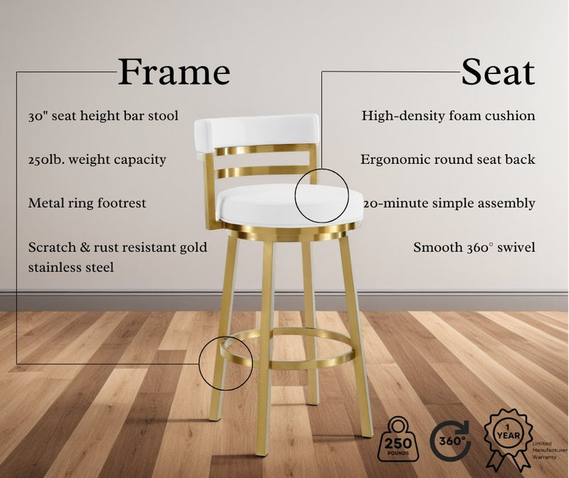 Madrid 30" Swivel Bar Stool in Gold Brushed Stainless Steel with White Faux Leather - Furniture City (CA)l