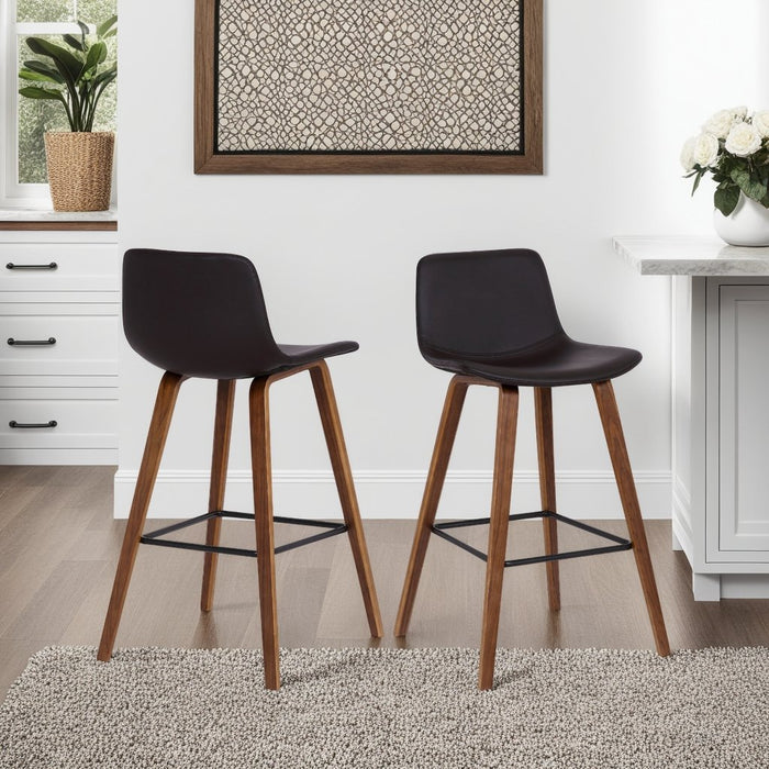 Maddie Contemporary 26" Barstool in Walnut Wood Finish and Brown Faux Leather