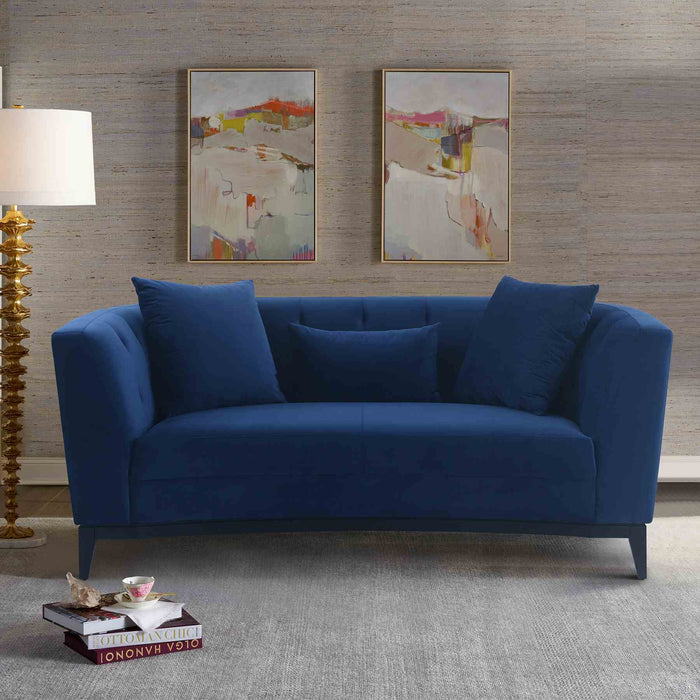 Melange Blue Velvet Upholstered Loveseat with Black Wood Base