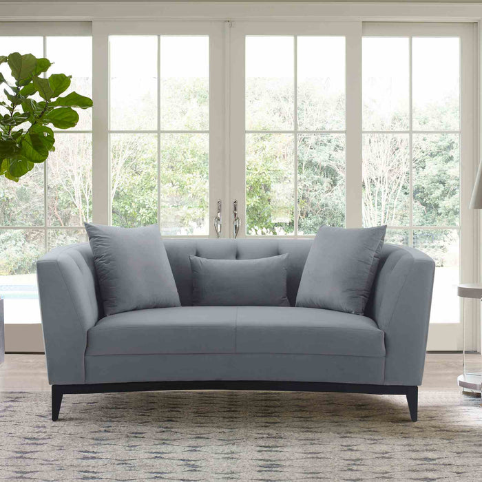 Melange Gray Velvet Loveseat with Black Wood Base