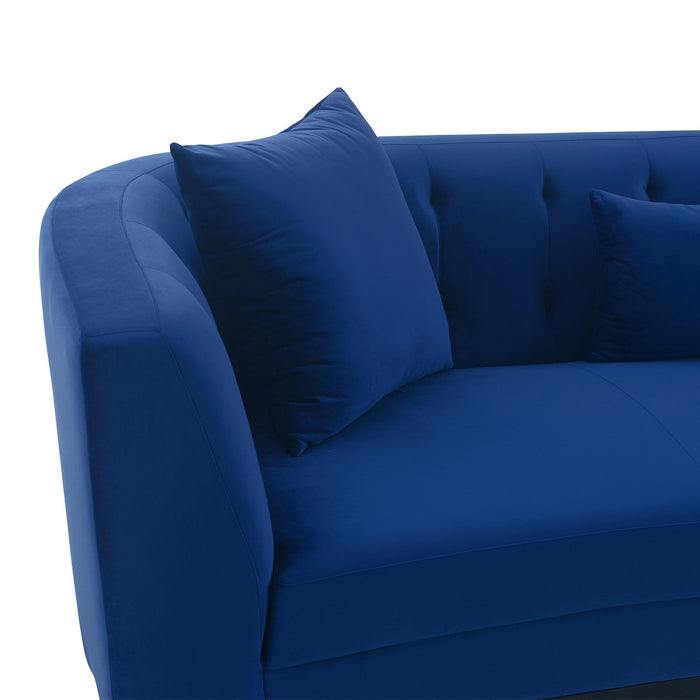 Melange Blue Velvet Upholstered Sofa with Black Wood Base