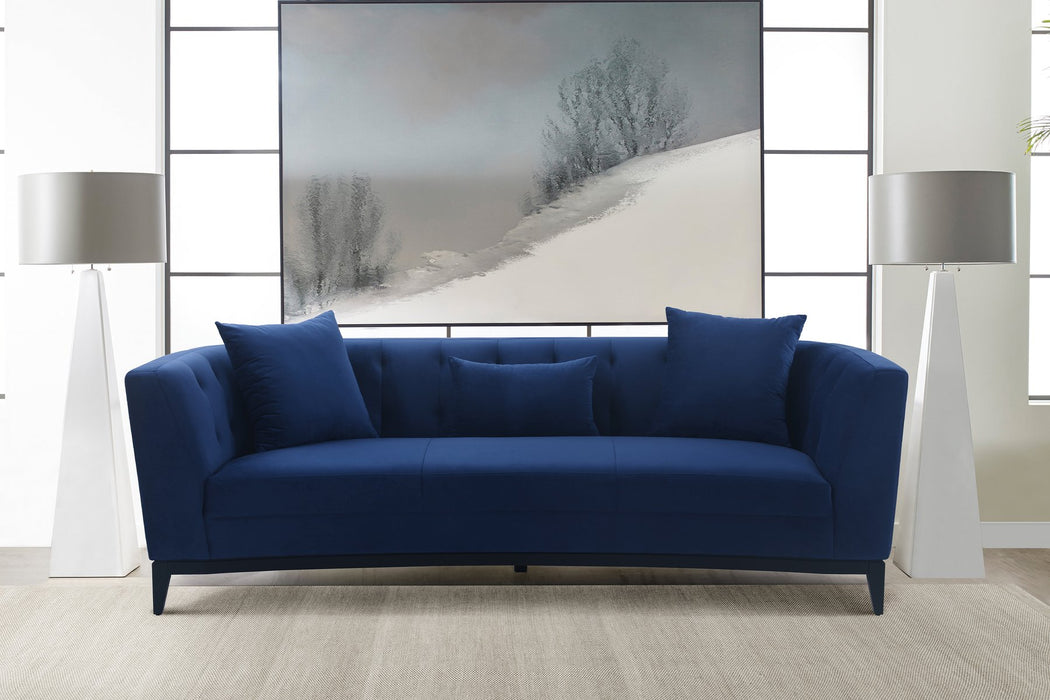 Melange Blue Velvet Upholstered Sofa with Black Wood Base