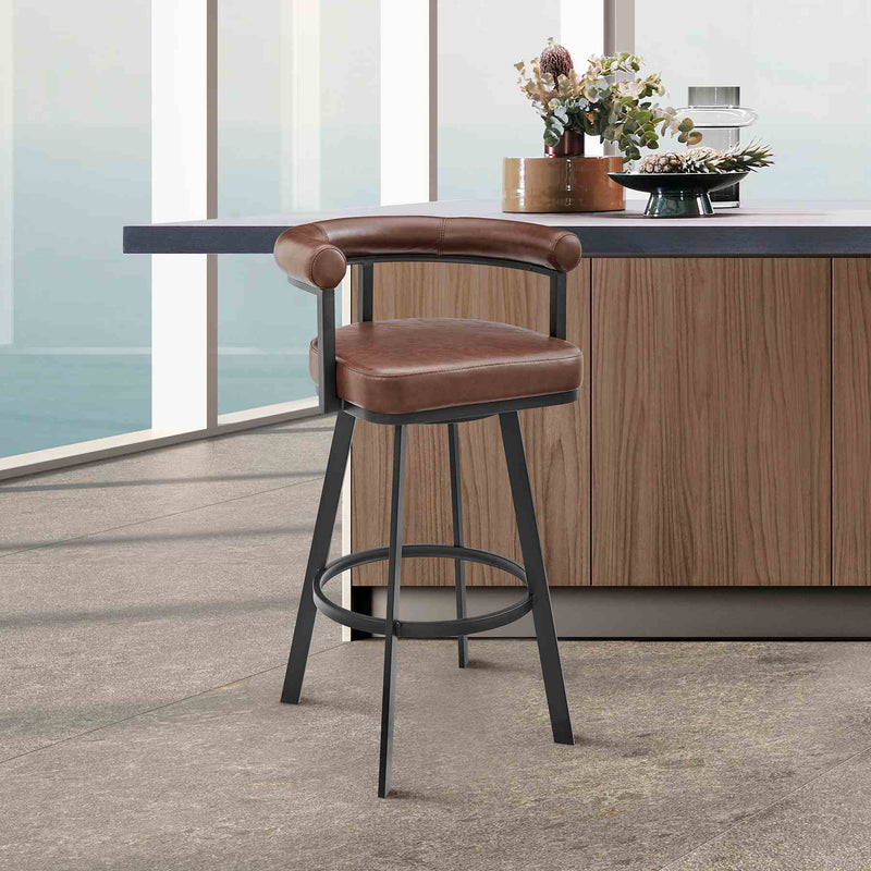 Magnolia Swivel Bar Stool in Black Metal with Brown Faux Leather - Furniture City (CA)l